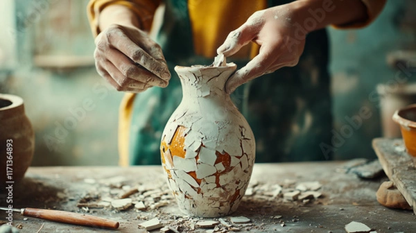 Fototapeta A hand carefully crafting a vase from shattered pottery, captured in a medium close-up with rustic studio tools in the background