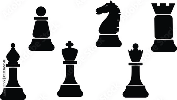 Fototapeta Chess pieces in outline and silhouette style, Set for a board game of chess,King, queen, bishop, knight, rook, pawn flat vector icons, Chess pieces black and white,Team with chess pieces