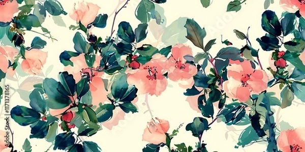 Fototapeta "Delicate botanical watercolor wallpaper pattern, showcasing vibrant greenery and floral designs with soft brushstrokes, created using generative AI to bring an artistic and natural touch to modern de