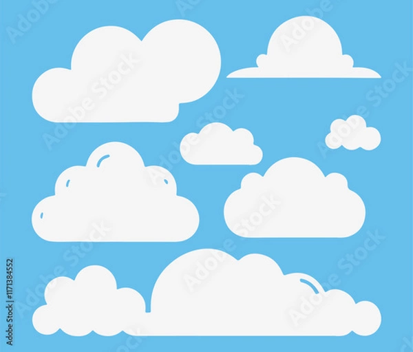 Obraz Cloud. Abstract white cloudy set isolated on blue background. Vector illustration