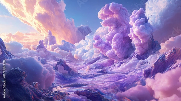 Fototapeta Ethereal watercolor of a sky filled with drifting clouds at dusk, the colors blending into a perfect backdrop, Holographic sky background rainbow backgrounds landscape.