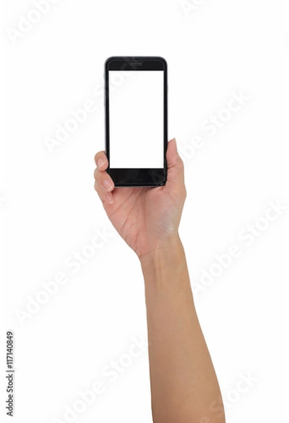 Obraz Hand holding smart phone isolated white background, use clipping