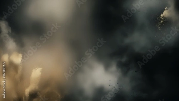 Fototapeta Smoke rising in a dark forest under a textured sky with clouds and mist