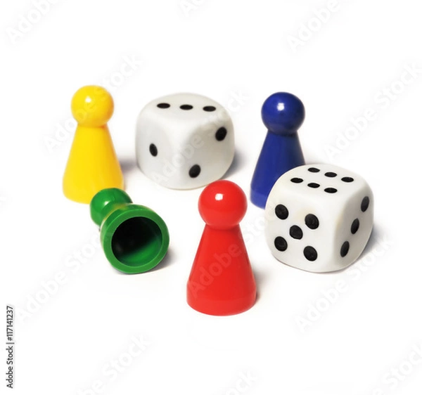 Obraz Playing pieces and dice, isolated on white background.