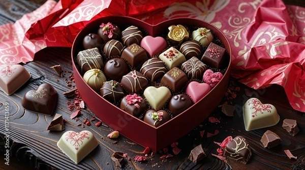 Obraz Heart-Shaped Box of Assorted Chocolates with Floral and Gold Details, Gift Wrapped