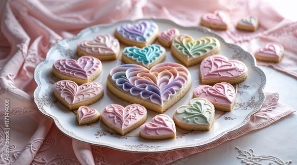 Fototapeta  Artistic Frosted Heart Cookies in Pastel Rainbow Colors, Elegant Lace Background