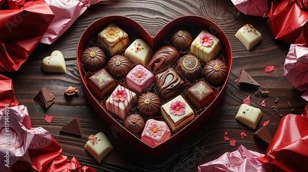 Fototapeta Artistic Heart-Shaped Chocolate Box with Floral Toppings, Romantic Presentation