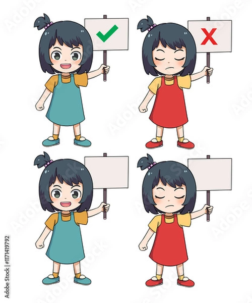 Obraz Cute Cartoon Girl Holding a Checkmark, red cross,  empty Sign for Approval or disapproval, correct, wrong