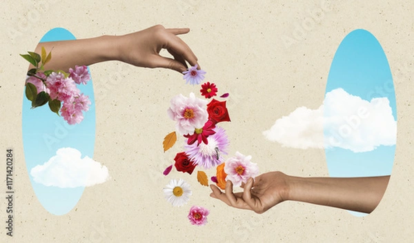 Obraz Creative illustration in surrealistic scrapbooking style. Human hands sharing blooming heads of flowers. Generous gesture of kindness and harmony