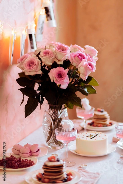 Obraz Festive table setting with pancakes, cocktails, cotton candy in pink tones