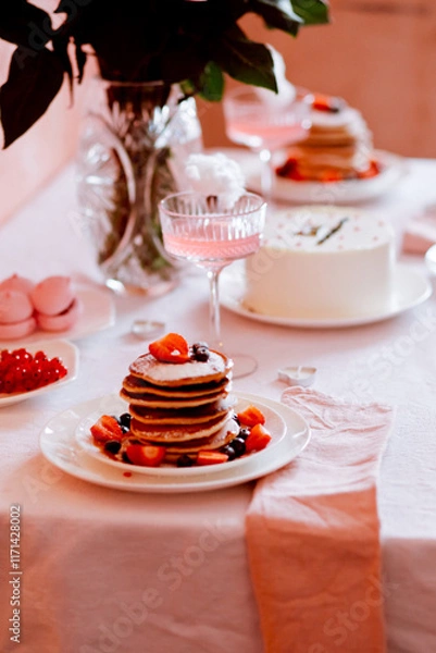 Obraz Festive table setting with pancakes, cocktails, cotton candy in pink tones