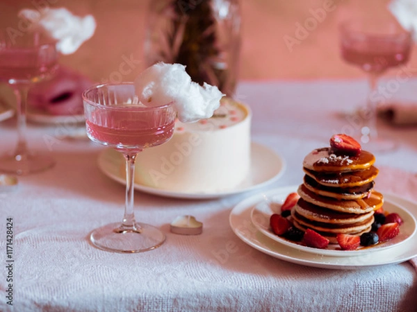 Obraz Festive table setting with pancakes, cocktails, cotton candy in pink tones
