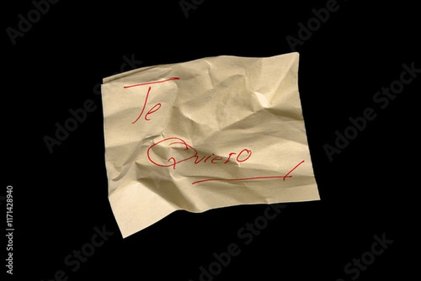 Fototapeta Yellow adhesive paper, similar to a Post-it note, crumpled and then smoothed out, on a black background with the words "Te Quiero" in Spanish handwritten in red ink.