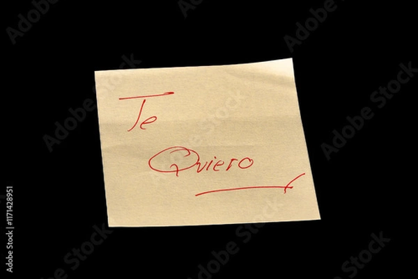Fototapeta Yellow adhesive paper, similar to a Post-it note, on a black background with the word “Te Quiero”  in Spanish handwritten in red ink.