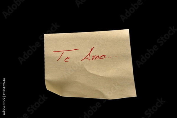 Fototapeta Yellow adhesive paper, similar to a Post-it note, on a black background with the words “I love You” “Te amo” in Spanish handwritten in red ink.