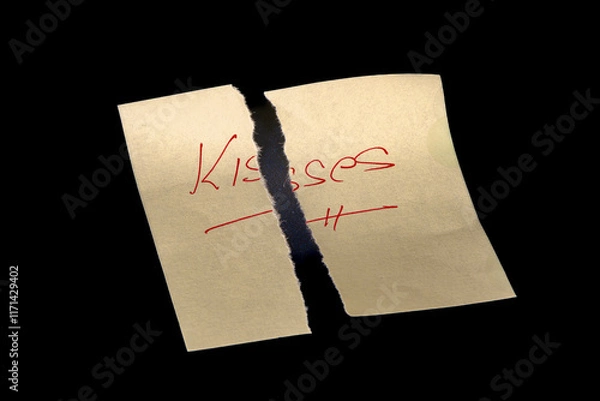 Fototapeta Yellow adhesive paper, similar to a Post-it note, torn into two pieces and reassembled like a puzzle, on a black background with the word "Kisses" handwritten in red ink.