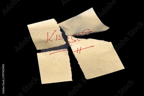 Obraz Yellow adhesive paper, similar to a Post-it note, torn into four pieces and reassembled like a puzzle, on a black background with the word "Kisses" handwritten in red ink.