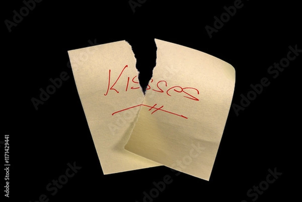 Fototapeta Yellow sticky note, torn into two pieces as if neglected, on a black background with the handwritten words 'Besos' ('Kisses'), written in red ink and underlined. Representing broken, wasted, or reject