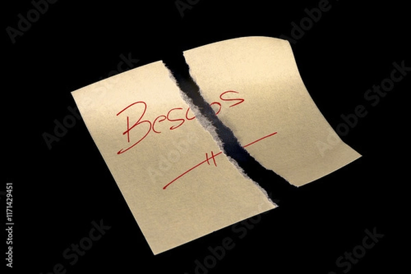 Obraz Yellow sticky note, torn into two pieces as if neglected, on a black background with the handwritten words 'Besos' ('Kisses'), written in red ink and underlined. Representing broken, wasted, or reject
