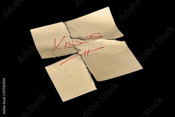 Fototapeta Yellow adhesive paper, similar to a Post-it note, torn into four pieces and reassembled like a puzzle, on a black background with the word "Kisses" handwritten in red ink.