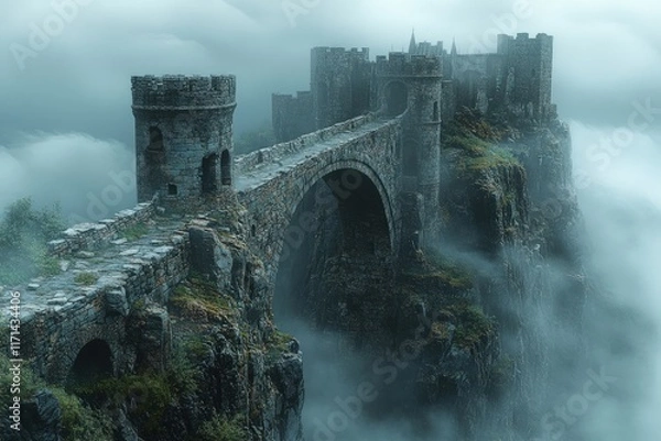 Fototapeta Stone bridge connects clifftop castle in mist.
