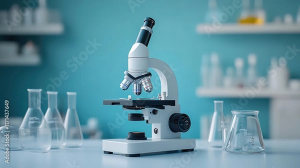 Fototapeta Scientific Innovation: Microscope and Glassware in Laboratory R&D
