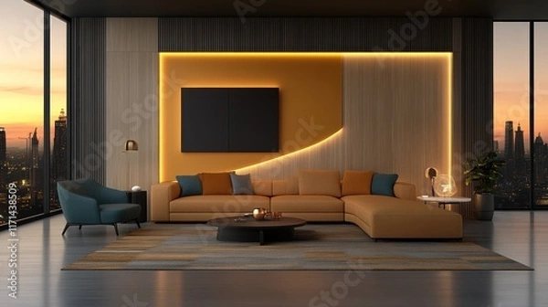 Fototapeta Cozy Living Room with Modern Interior Design Featuring Beige Sofa and Turquoise Armchairs, 3D Rendering
