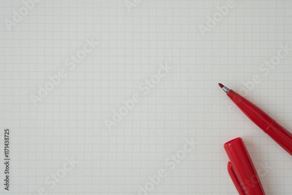 Fototapeta Top view, Close-up of Red Felt-tip Pen on Graph Paper, Copy Space for Text, Flat Lay Concept.