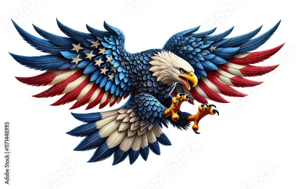 Obraz American Bald Eagle with Red White and Blue Feathers on White Background