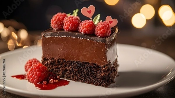 Fototapeta Close up of a luxurious richly textured chocolate dessert topped with fresh raspberries and adorned with heart shaped a visually appealing and indulgent treat for a special occasion or romantic