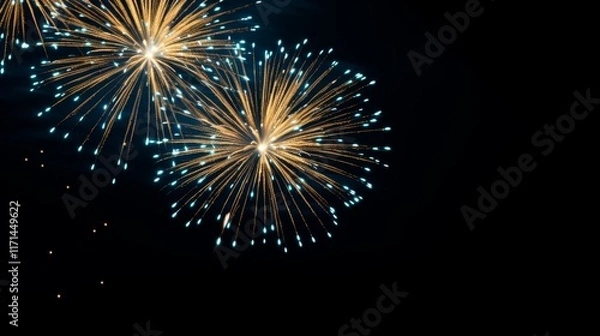 Fototapeta Elegant minimalist fireworks display on dark background with ample space for custom text