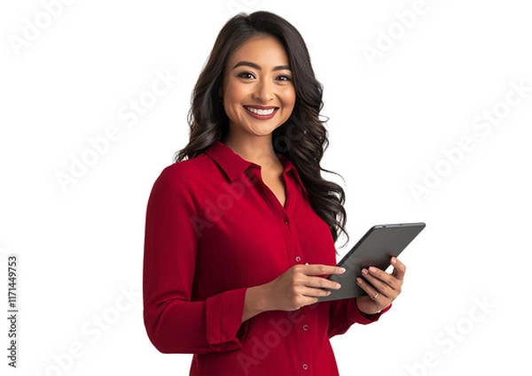 Fototapeta Confident woman in a red blouse holding a tablet and phone, smiling, with a white transparent background.