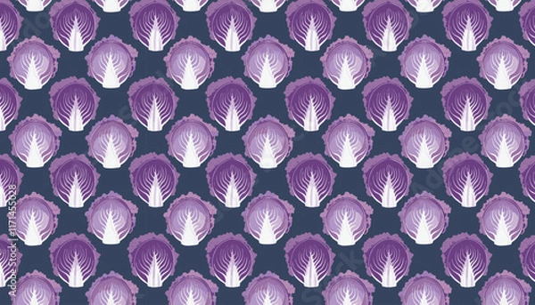 Fototapeta Seamless pattern with purple cabbage on dark blue background. Vector illustration.