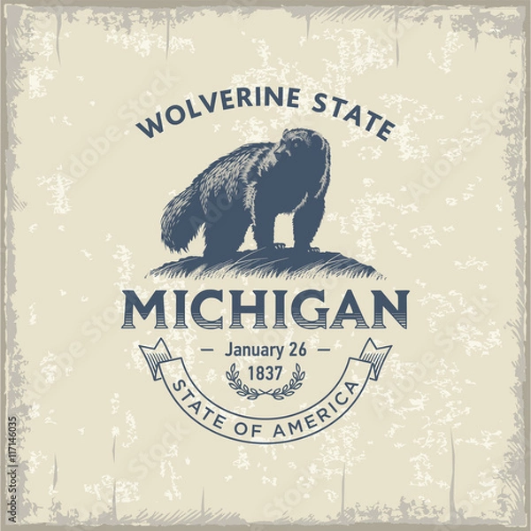 Obraz Мичиган, стилизованная эмблема штата Америки, Росомаха, винтаж