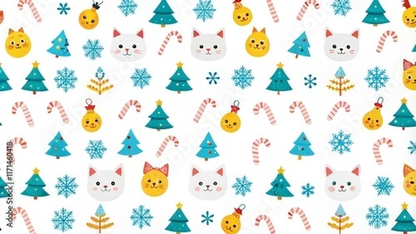 Fototapeta Joyful Cats and Christmas Festive Repeating Pattern of Cute Cats, Trees, Candy Canes and Snowflakes