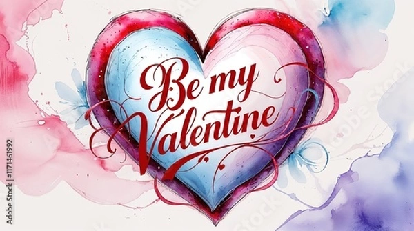 Fototapeta Watercolor Heart Design with Ornate Details and "Be My Valentine" Text