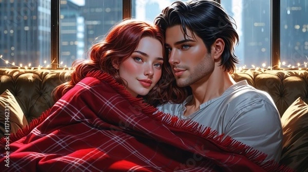 Obraz Couple Cuddling Under a Red Blanket with City Lights in the Background