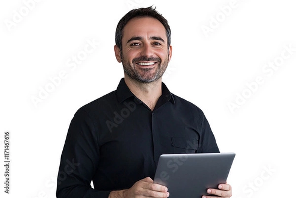 Fototapeta Headshot of a cheerful man in a black shirt, holding a tablet with one hand and smiling naturally. Ideal for tech and lifestyle themes.

