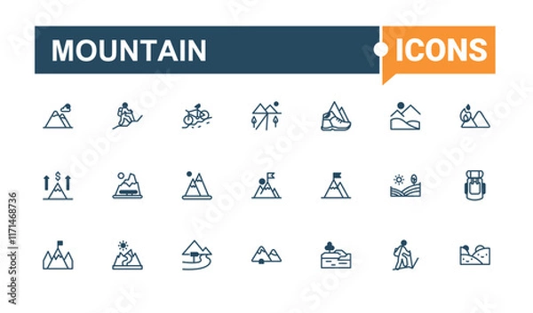 Fototapeta Mountain Beauty linear icon collection. Contains related to camp, high, top, hill, expedition and more. Isolated icons design. Vector outline and solid icons collection.