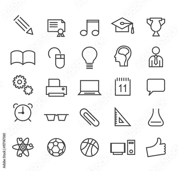 Fototapeta Set of Minimal Simple Elegant Black Education Thin Line Icons on White Background. 