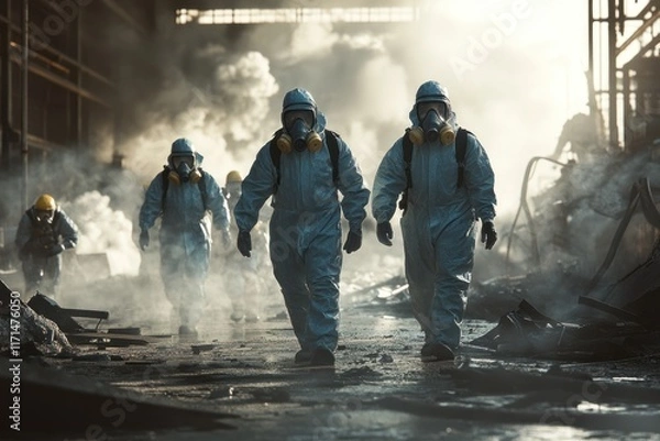 Obraz Workers in protective suits navigate through a smoky industrial site during a hazmat operation. Generative AI