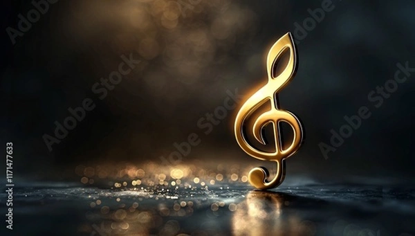 Obraz A golden treble clef gleams on a dark, glistening surface, illuminated by warm, ambient light.  A symbol of music and elegance.