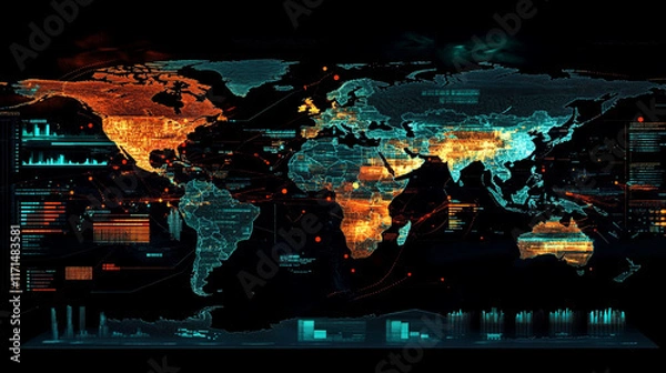 Obraz abstract digital planet world map background communication concept, abstract dot point connect with gradient line concept world map, world map overlaid with interconnected lines and neon light effect.