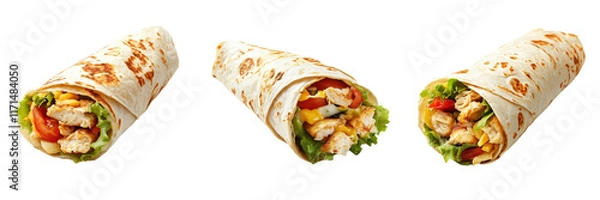 Fototapeta Set of A close-up of a tortilla wrap filled with crispy fried chicken on transparent png background