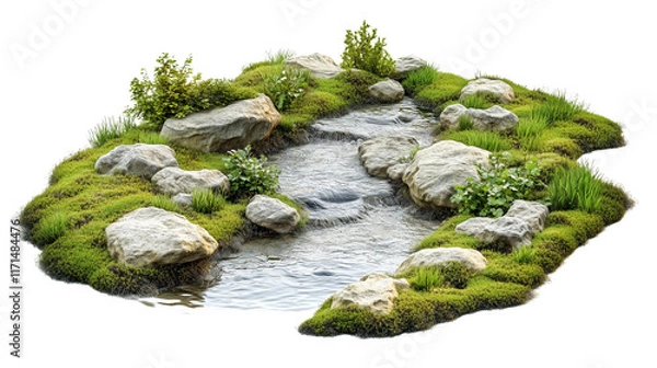 Obraz A tranquil forest river with water and rocks isolated on transparent background