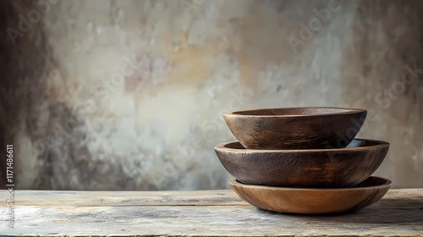 Fototapeta Wooden bowls on rustic tabletop for minimalist aesthetic. Runewood. Illustration