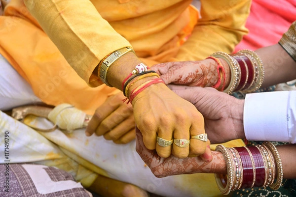 Fototapeta Mumbai Maharashtra India Asia january 03 2024 Selective focus As per the Indian tradition, the Groom is getting married, Ganesh Pujan and Mandap Muhurta are being done.
