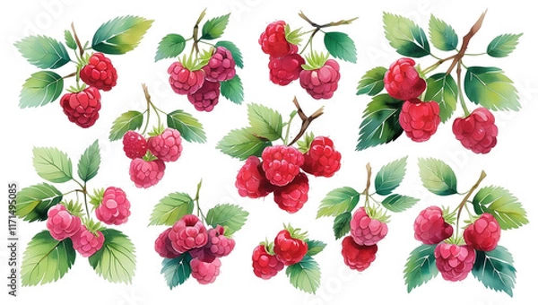 Obraz A collection of watercolor raspberry Illustration