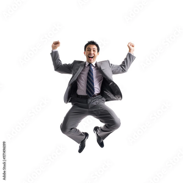 Obraz Energetic Businessman Dancing in a Suit on White Background Full Body Office Worker Celebrating Career Success in Dynamic Action






