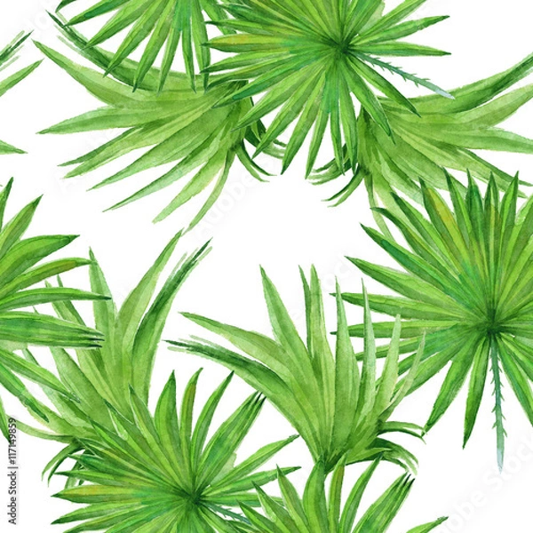 Fototapeta Background palm tree leaves. Seamless pattern. Watercolor illust